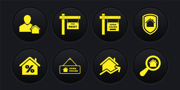 设置有百分比的房子，在保护下，悬挂标志开放的房子，上涨的住房成本，出租，搜索和房地产图标。向量图片下载
