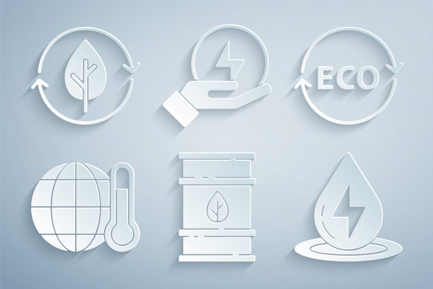 设置生物燃料桶，生态健康食品标签，全球变暖，水能，闪电和回收和树叶图标。向量图片下载