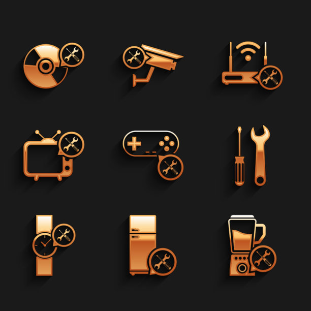 设置手柄服务，冰箱，搅拌机，螺丝刀和扳手，腕表，电视，路由器wi-fi和CD DVD光盘图标。向量图片下载