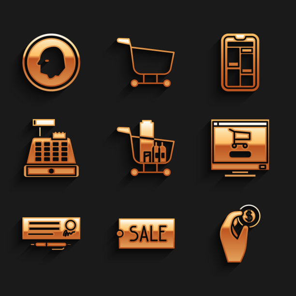设置购物车和食品，价格标签文本销售，手握硬币，电脑，银行支票笔，收银机，网上购物电话和硬币图标。向量图片下载