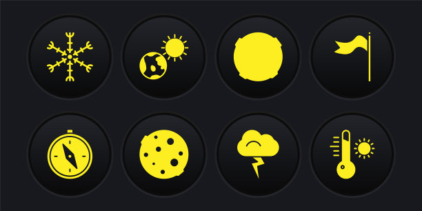 设置罗盘，气象风向标，月亮，风暴，地球地球仪和太阳，温度计和雪花图标。向量图片下载