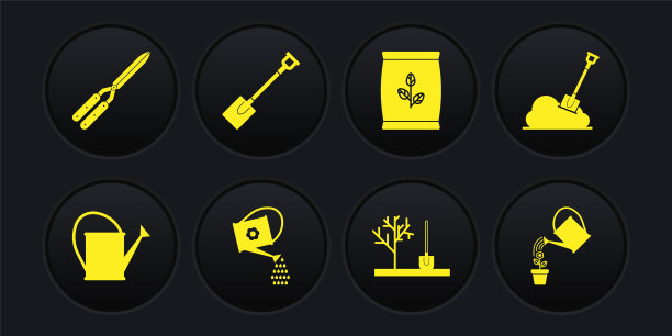 设置喷壶，铲地面，种植树，肥料袋，花园铲，和园艺手工剪刀图标。向量图片下载