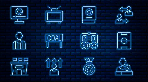 设定线足球运动员新闻发布会、场地、学习手册、足球或裁判、比赛电视、赌钱和图标。向量图片下载