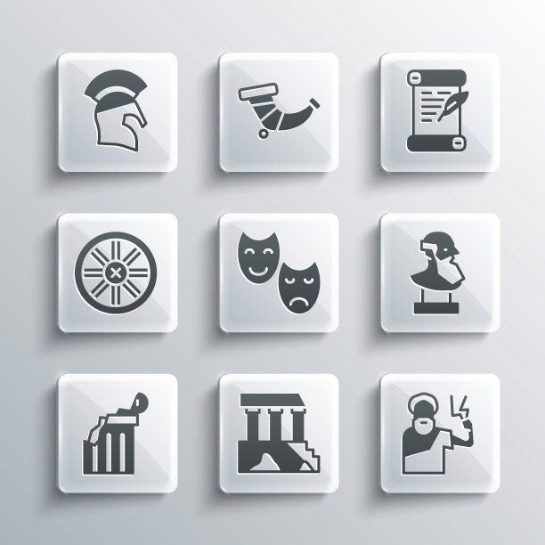 集帕台农神庙，宙斯，古代半身像雕塑，喜剧和悲剧面具，破碎的古代柱，旧木轮，希腊头盔和法令，羊皮纸，卷轴图标。向量图片下载