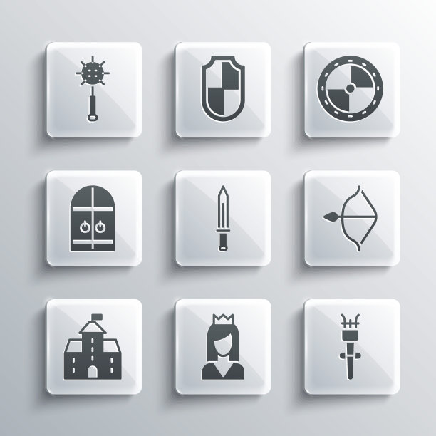 设置公主，火炬火焰，中世纪弓和箭，剑，城堡，堡垒，城堡大门，锁钉球和圆形木制盾牌图标。向量图片下载