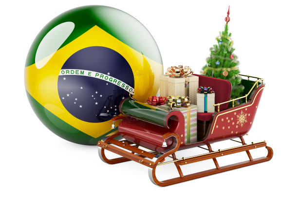 巴西的圣诞节，概念。圣诞老人的雪橇上装满了巴西国旗的礼物。三维渲染图片下载