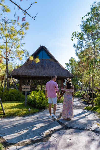 泰国清迈的竹林，清迈日本花园中的竹林。一对亚洲女人和欧洲男人在花园里图片下载