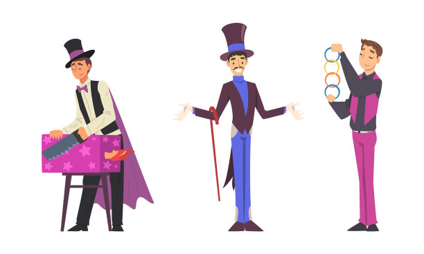 男子魔术师戴着大礼帽表演不同图片下载