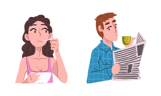 女人在吃早餐，男人在看书图片下载