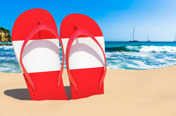 沙滩上的奥地利国旗人字拖。奥地利度假、度假、旅游、套餐旅游概念。三维渲染图片下载