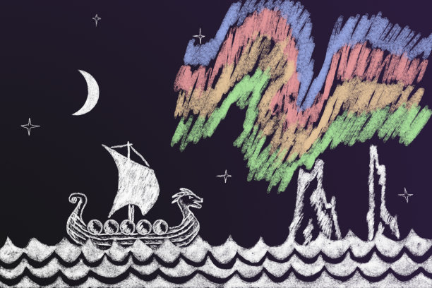 有趣的历史粉笔画与海盗船在北极光下图片下载