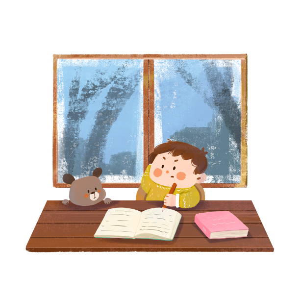 寒假男孩子做寒假作业狗狗旁边看小场景图片下载
