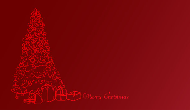 圣诞树和礼物或礼盒。连续线条圣诞快乐画在红色的背景上。矢量设计图片下载