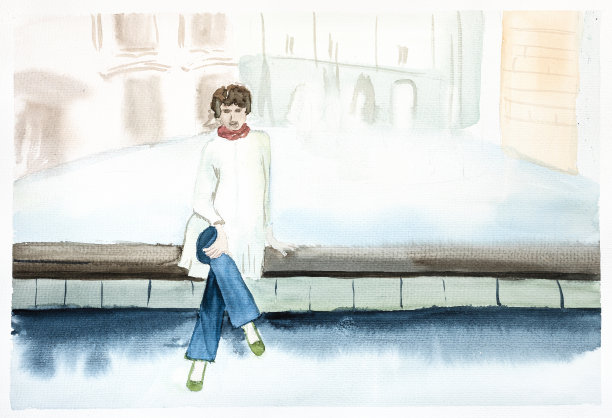 一名女子坐在莫斯科城市的喷泉护墙上图片下载