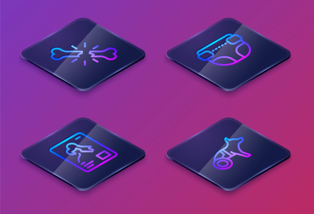 人体骨折、x光片、成人尿布、轮椅上的狗。蓝色方块按钮。向量图片下载