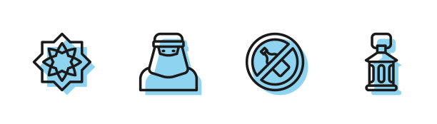 不喝酒，八角星，穆斯林妇女戴面纱和斋月卡里姆灯的图标。向量图片下载