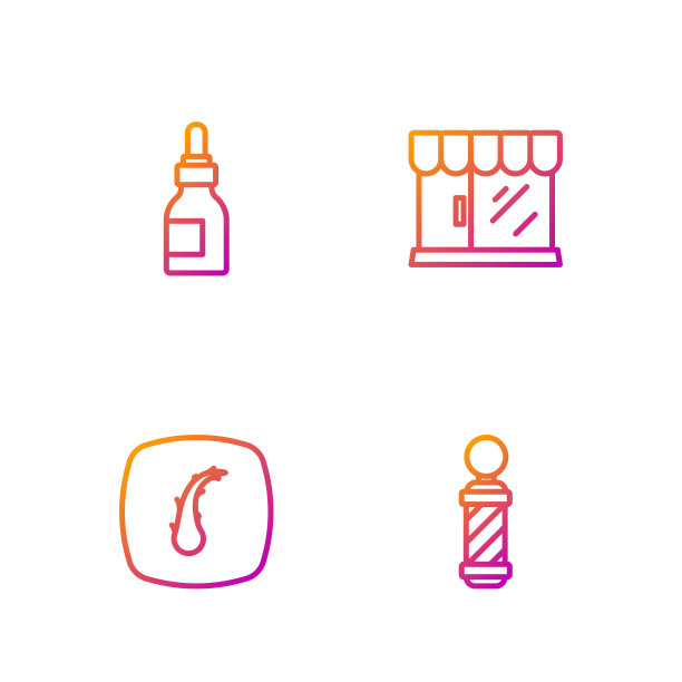 集经典理发店杆、人体毛囊、油瓶、理发店建筑于一体。渐变颜色图标。向量图片下载
