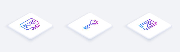 设置等长线语音气泡与我爱你，钥匙在心脏形状和约会应用在线。白色正方形按钮。向量图片下载