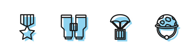 设置线空投箱，军事奖励勋章，望远镜和头盔图标。向量图片下载