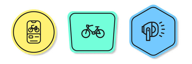 设置线自行车租赁移动app，和前照灯。颜色的形状。向量图片下载