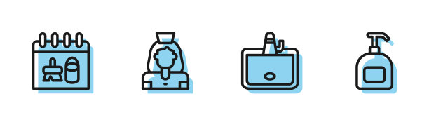 设置线洗脸盆，清洁日历，女士服务和瓶的液体肥皂图标。向量图片下载