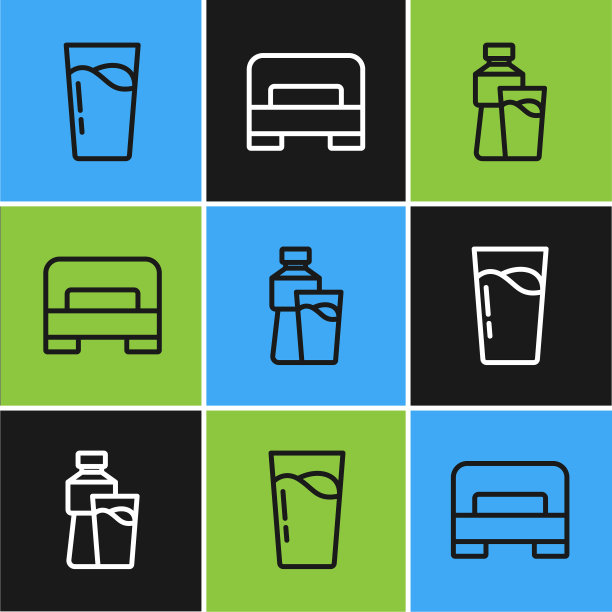 设置线玻璃与水，瓶玻璃和大床图标。向量图片下载