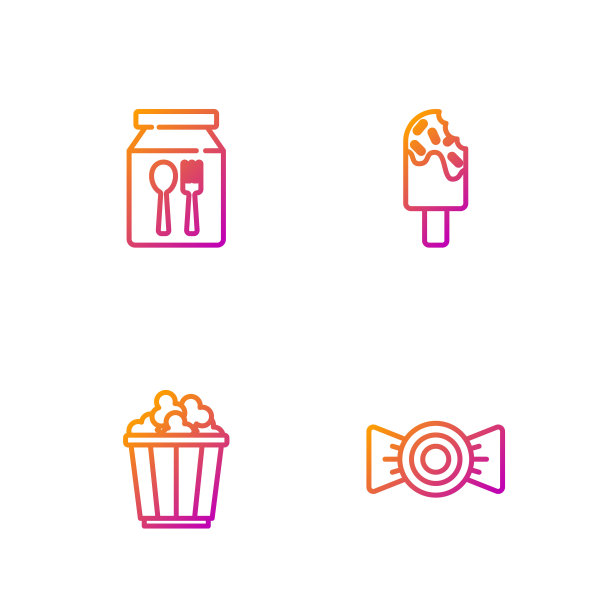 集糖果，盒装爆米花，网上订购和冰淇淋于一体。渐变颜色图标。向量图片下载