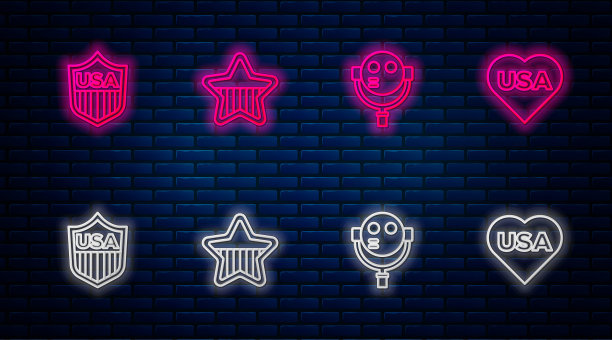 设置线美国独立日，旅游望远镜，盾牌与星星和。砖墙上闪烁的霓虹灯图标。向量图片下载