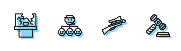设置线狙击步枪与范围，破窗，黑手党和法官木槌图标。向量图片下载
