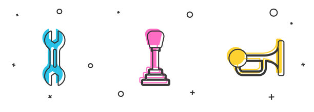 在车辆图标上设置扳手扳手、变速杆和信号喇叭。向量图片下载