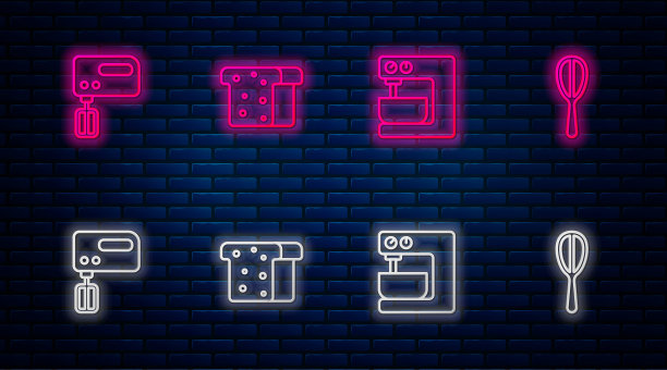 设置线面包吐司，电动搅拌机，厨房打蛋器。砖墙上闪烁的霓虹灯图标。向量图片下载