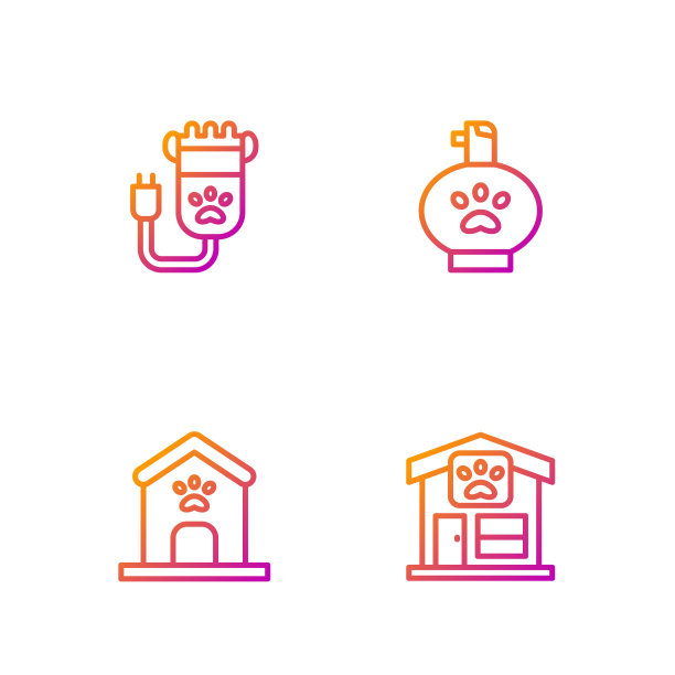 集宠物美容、狗窝、狗爪印、宠物理发器、洗发精于一体。渐变颜色图标。向量图片下载