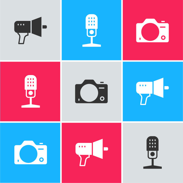 设置扩音器，麦克风和照片相机图标。向量图片下载