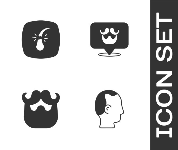 设置秃顶，断毛囊，胡子和胡须和理发店图标。向量图片下载