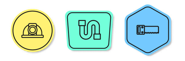 设置工人安全帽、工业管道、手锯生产线。颜色的形状。向量图片下载