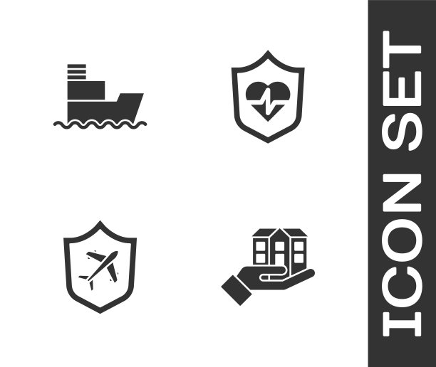 设置房子在手中，船，飞机与盾和生命保险图标。向量图片下载