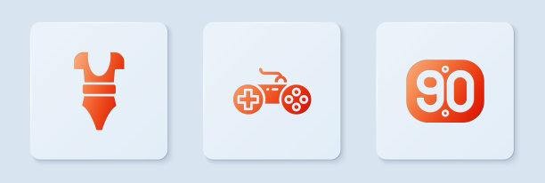 设置手柄，泳装和90年代复古。白色正方形按钮。向量图片下载