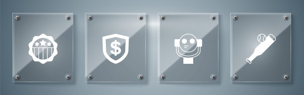 棒球棒与球，旅游望远镜，盾美元和美国独立日。方形玻璃面板。向量图片下载