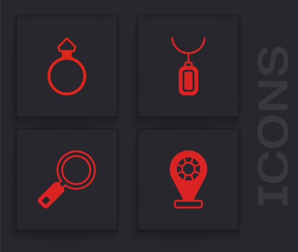 集珠宝店，钻石订婚戒指，吊坠项链和放大镜图标。向量图片下载