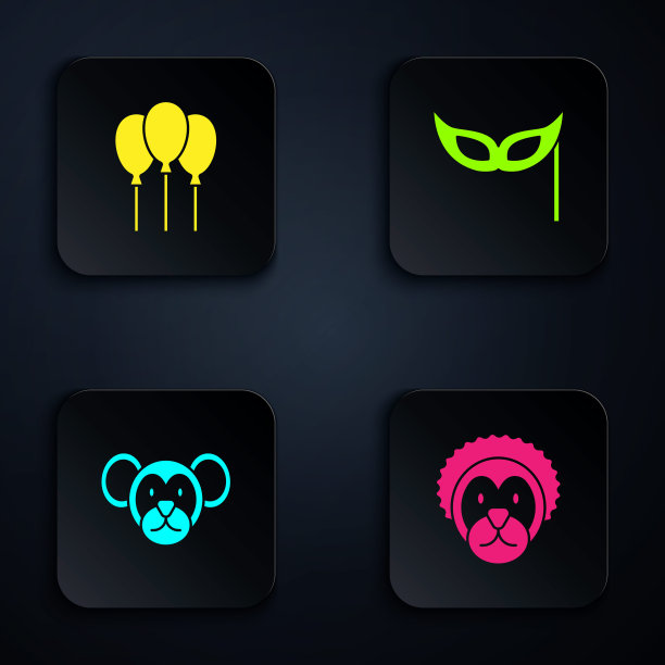 野狮子，带丝带的气球，猴子和节日面具。黑色方形按钮。向量图片下载