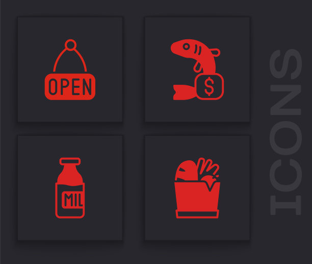 设置购物袋和食品，悬挂标志与开放，价格标签的鱼和奶瓶图标。向量图片下载