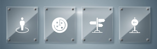 设置交通标志左转，道路交通，雷达目标在监视器和定位人员。方形玻璃面板。向量图片下载