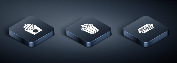 在盒子里设置等距土豆薯条，热狗三明治和爆米花图标。向量图片下载