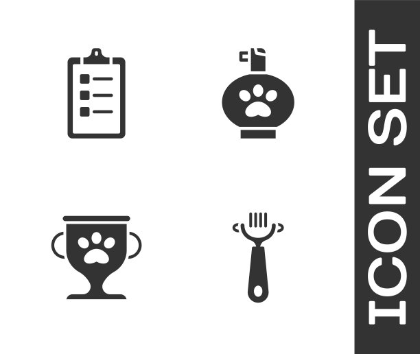 集毛刷为狗和猫，美容沙龙价目表，宠物奖和洗发水图标。向量图片下载