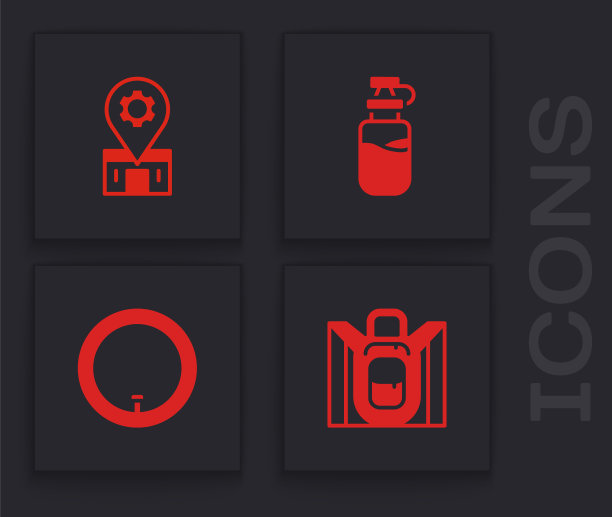 设置徒步旅行背包，自行车维修服务，运动瓶子与水和车轮图标。向量图片下载