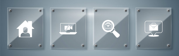 在笔记本电脑和电脑上设置在线工作，公文包放大镜，摄像机关闭。方形玻璃面板。向量图片下载