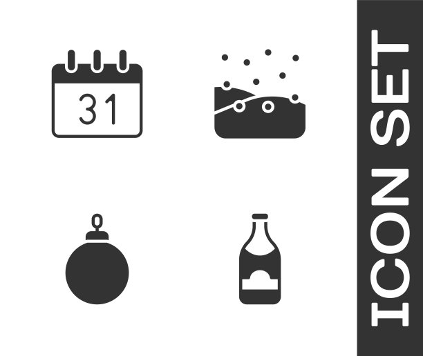 设置香槟瓶，日历，圣诞球和降雪图标。向量图片下载