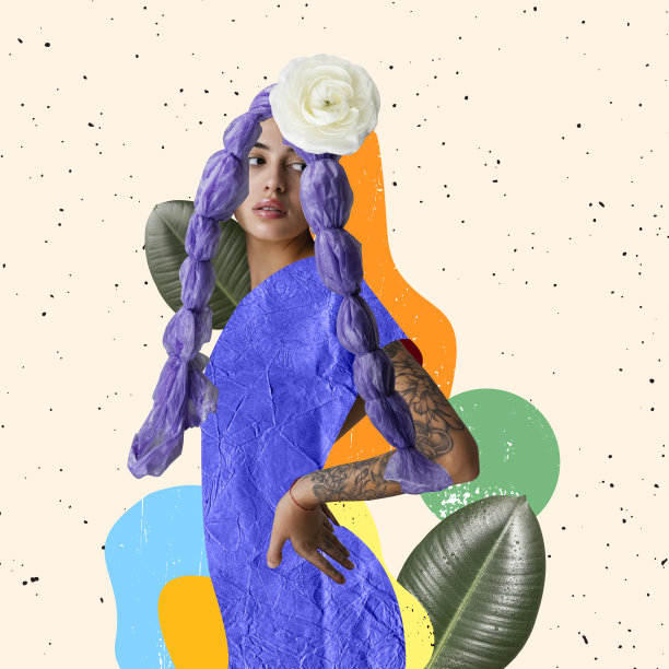 当代艺术拼贴。年轻美丽的女孩被垃圾包围，被隔离在柔和的背景下图片下载