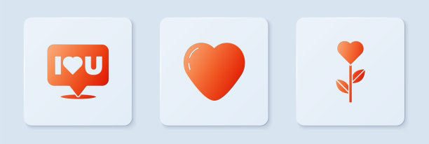 Set Heart, Speech bubble with I love you, shape in flower。白色正方形按钮。向量图片下载