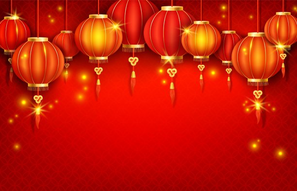 逼真的详细的3d中国灯笼在红色的背景。向量图片下载